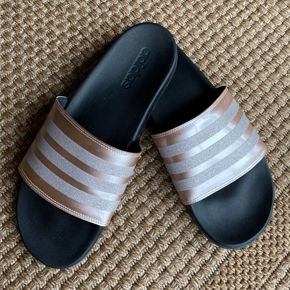 pink glitter adidas slides
